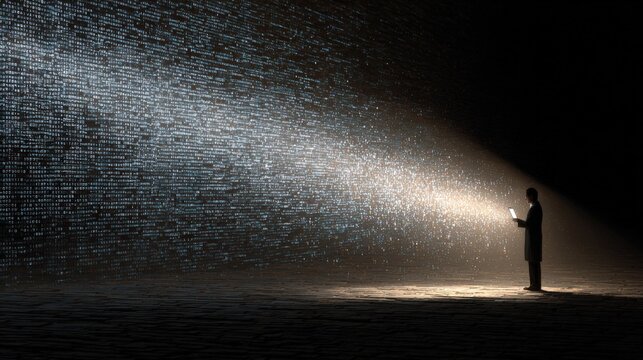 A silhouette figure emerges from the darkness, bathed in a beam of light, symbolizing hope and discovery. ..Created with Generative AI, not depicting real subjects.