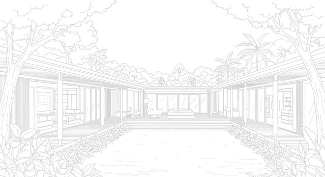 Detailed architectural line art of a modern tropical villa, featuring a serene central swimming pool and lush gardens, illustrating a luxurious and peaceful retreat concept