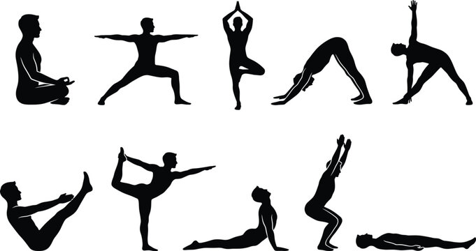 Male yoga poses silhouettes collection featuring ten different man figures practicing fitness exercises, stretching, meditation, and healthy lifestyle habits.