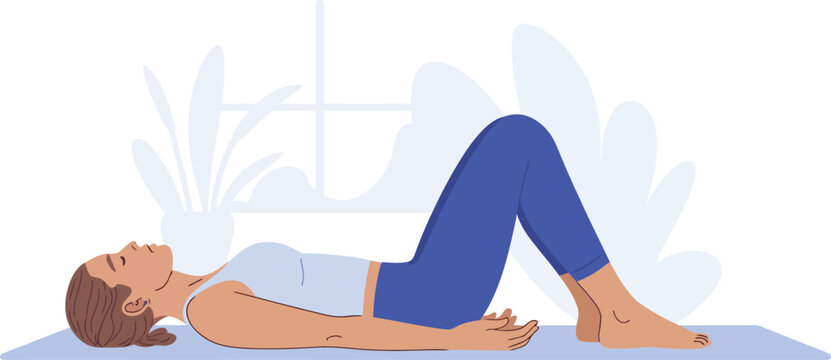 Woman in supine position with bent knees on a yoga mat. female in activewear resting or preparing for exercise body relaxation full body view illustration digital art relaxation exercise