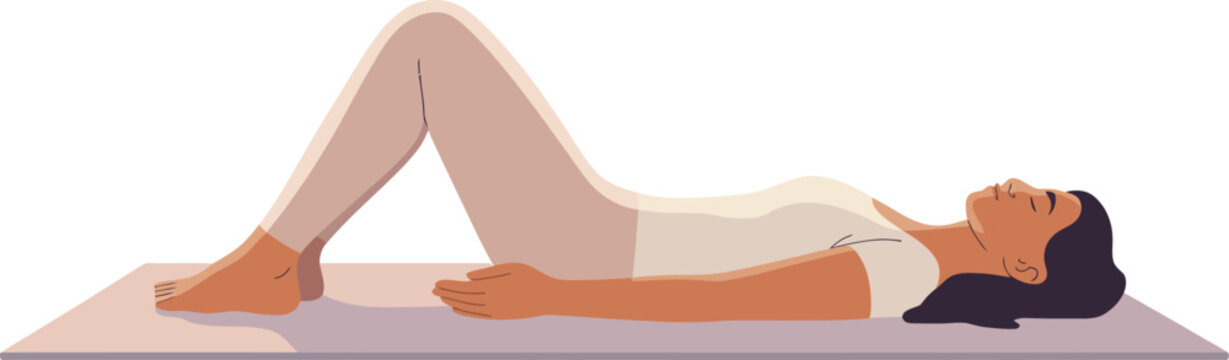 Woman lying on back with bent knees on a yoga mat. female exercising or relaxing in supine position body preparation full body view illustration digital art relaxation exercise wellness