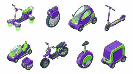 Collection of futuristic electric personal transportation vehicles in isometric view, including scooters, unicycles, and small cars. © Bunga