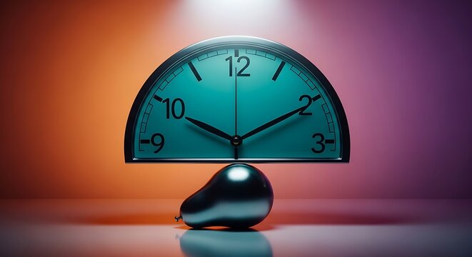 A futuristic clock with a half-circle face and a bulbous base sits on a reflective surface with a vibrant gradient background