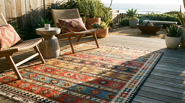 Colorful patterned outdoor rug on a wooden deck patio with ocean view and furniture