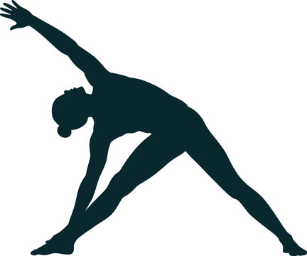 Silhouette of a woman performing trikonasana or triangle pose yoga with outstretched arms and legs white background full body side bend standing pose silhouette trikonasana exercise
