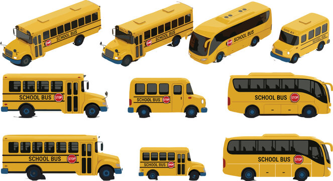 Isometric Yellow School Bus Collection with Various Sizes and Types Including Mini, Standard, and Large Buses for Education, Children, Transportation, and Safety Designs.