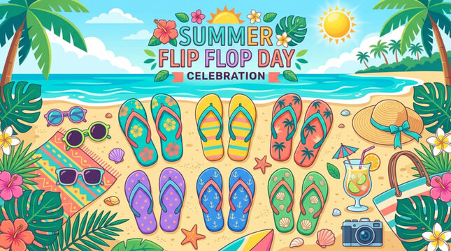 Vibrant beach scene for summer flip flop day with colorful flip flops sunglasses and tropical leaves on sandy shore