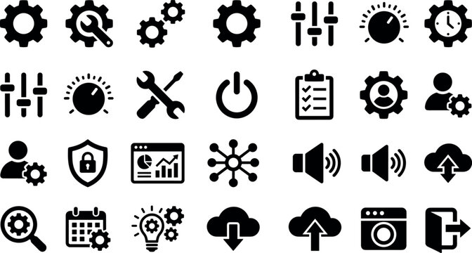 Professional settings and configuration glyph icon set featuring gears tools sliders and system control symbols for software interfaces and mobile application dashboards.