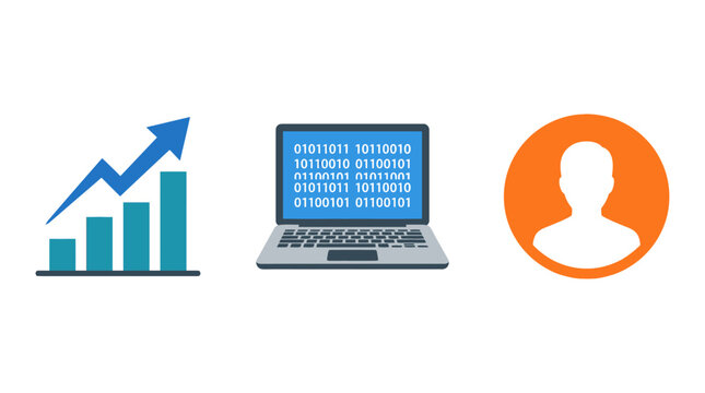 Vector illustration of a blue bar chart with an upward arrow a laptop computer displaying binary code and a user profile icon on an orange circle