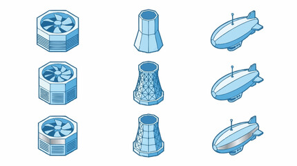 Isometric illustration of industrial cooling towers, ventilation units, and airships in a blue color scheme. © Bunga