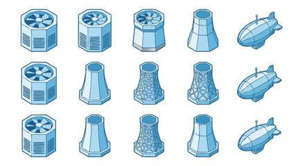 Isometric collection of industrial cooling towers and airships in blue tones. © Bunga