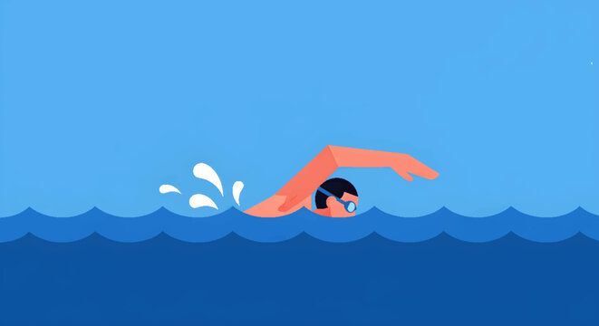 Flat design illustration of a man swimming freestyle in blue water with white splashes, representing sport and healthy lifestyle