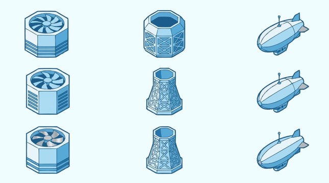 Isometric illustration of industrial cooling towers, ventilation fans, and blimps against a light blue background.