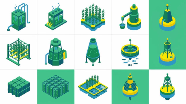 Collection of isometric industrial and technological elements in green and yellow colors.