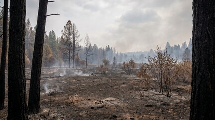 Fototapeta premium Deforestation and Burned Forest Landscape With Smoke