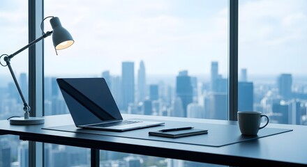 Naklejka na ściany i meble A sleek laptop and desk lamp resting on a minimalist desk in a high-rise office with a blurred city view