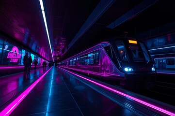 Fototapeta premium Neon lit subway train arriving at a futuristic station platform with pink and blue lights futuristic underground transport architecture platform electric illumination technology silhouette