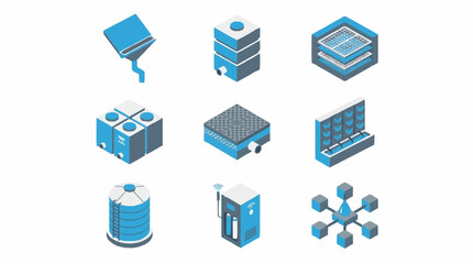 Fototapeta premium Set of isometric icons representing industrial equipment and technology, including silos, tanks, and data processing units.