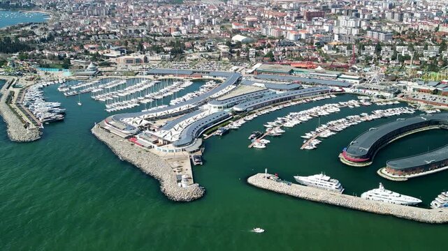 Istanbul Viaport Marina, Watercraft and yachts moored at marina zoom-in
