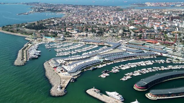 Istanbul Viaport Marina, Boats and sailboats berthed at marina zoom-out