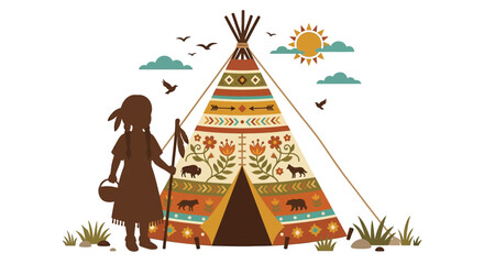 native american teepee with figure and landscape vector illustration © farhan