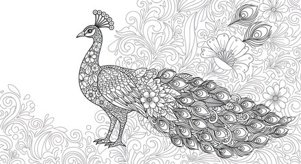 Fototapeta premium Intricate grayscale illustration of a peacock, featuring ornamental floral and swirling elements