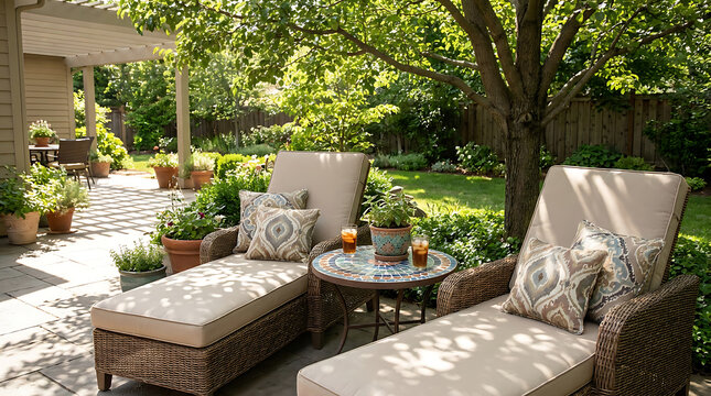 Wicker loungers with plush cushions and mosaic table in a lush garden oasis perfect for serene outdoor relaxation