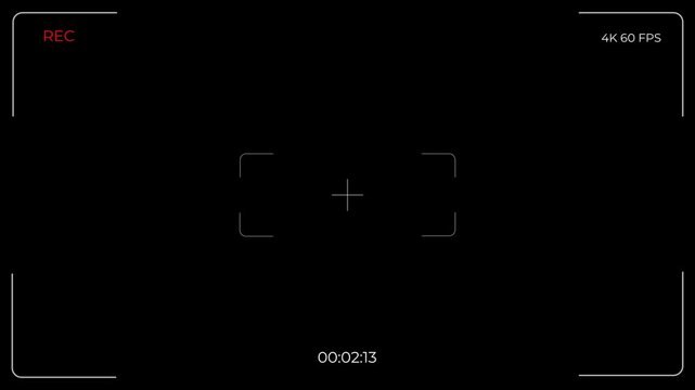 Camera REC Recording Screen Animation with Blinking Red Indicator and Running Timer on Black Background. Realistic Video Camera Interface Motion Graphics in 4K
