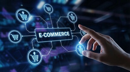 Fototapeta premium Digital e-commerce network with shopping carts and arrows connecting to central hub businessman interacting with interface
