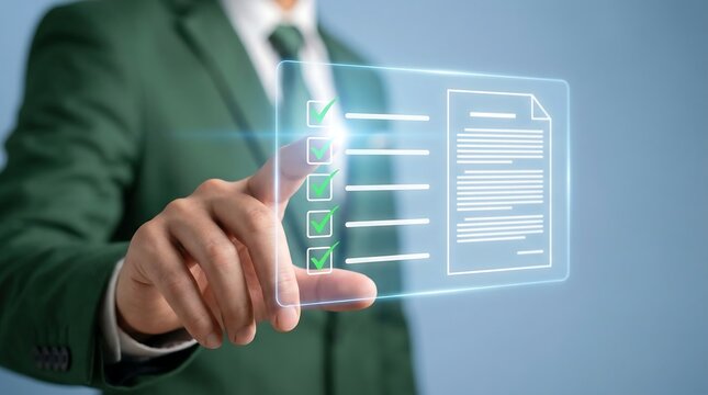Man in suit selecting completed tasks on a digital checklist with checkmarks for project completion