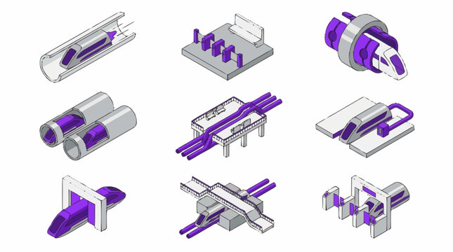 Collection of futuristic transportation systems and concepts, including maglev trains and hyperloop technology.