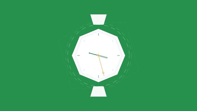 Green clock face, white octagonal watch, minimalist design, time concept HD animation