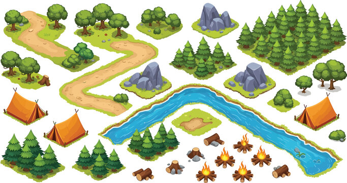 Isometric camping and forest landscape elements set with trees river path tents and campfires for game design