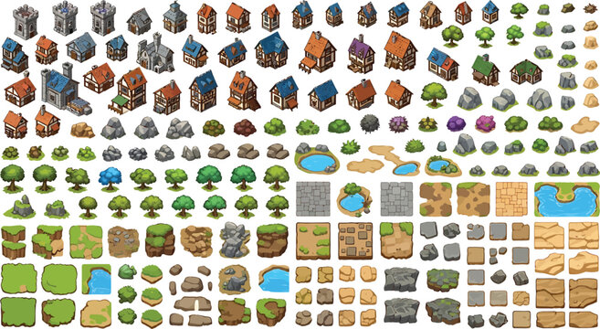 Isometric game asset kit with medieval houses, trees, rocks, and terrain tiles for strategy map development