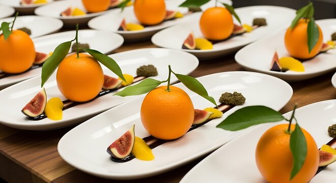 Elegant plated presentation featuring whole oranges with fig slices and decorative garnishes on white dishes