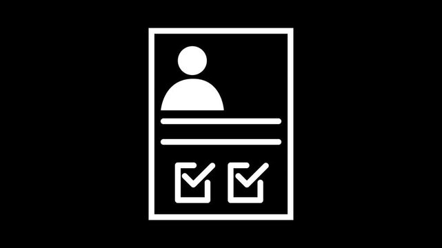 Checklist resume profile icon animation on black background. Job application and recruitment symbol for HR and business 4k animation.