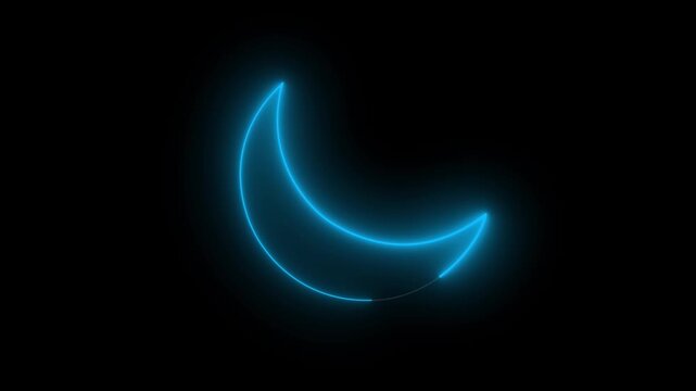 Blue glowing crescent moon icon animation on black background. Night mode and relaxation animation 7 4k animation.