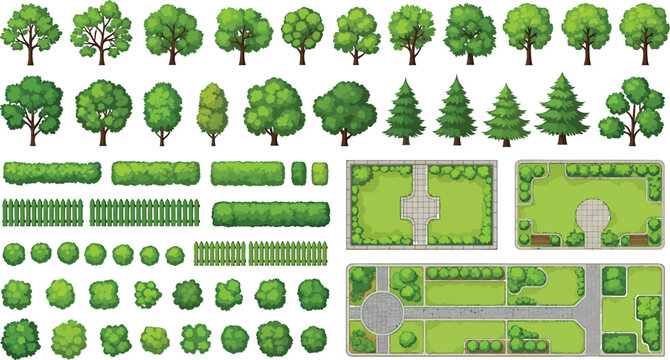 Set of vector trees bushes hedges and park landscape elements for map design and architectural planning