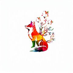 Fototapeta premium Colorful Fox with Musical Notes and Butterflies. Surreal Nature Art
