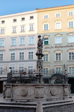 Salzburg, Austria- June 11, 2025: Florian Fountain (Florianibrunnen) located at Old Market square (Alter Markt) in Salzburg Old Town (Altstadt) city center