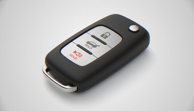 A sleek, black remote key fob for a modern vehicle, featuring a brushed metal button panel against a clean, light-colored background.