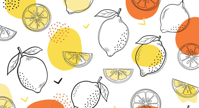 Vibrant pattern of hand-drawn lemon and orange fruit slices with colorful abstract shapes on a bright white background.