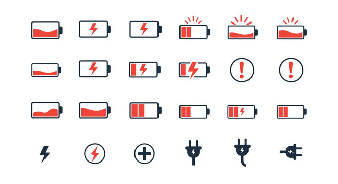 Set of battery icons showing low charge levels and warning symbols like exclamation marks and power plugs in red and blue.