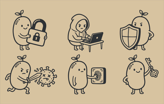 Cute bean character showing security protection and safety concept set