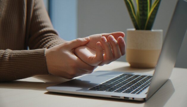 A close-up shot of a person sitting at a desk with a laptop, holding their hand due to wrist pain, suggesting work-related repetitive strain injury or carpal tunnel syndrome.