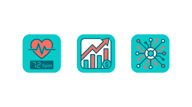 Set of three flat vector icons representing heart rate monitoring financial growth charts and digital network connectivity in a modern style