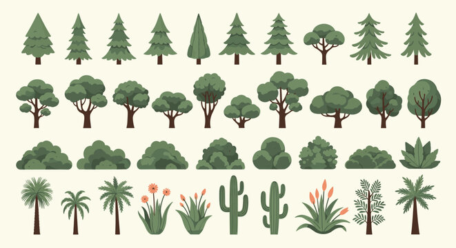 Detailed set of pixel art trees bushes and desert plants for use in digital gaming or retro design projects.