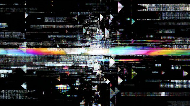 Digital glitch art with vibrant, chaotic interference. Rainbow streaks pulse across a dark, pixelated canvas. Abstract triangles and blocks warp in erratic motion. Perfect for tech, cyberpunk