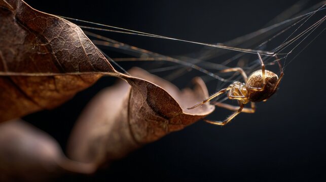 Golden spider clings to a delicate web strung between dried leaves. Faint morning light highlights the intricate threads and arthropod's form. The leaves show signs of decay