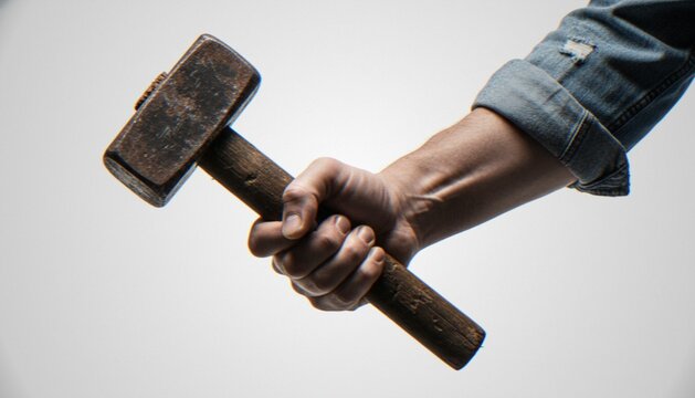 A close-up of a person's hand firmly gripping a heavy, weathered metal sledgehammer with a wooden handle against a plain, light background.